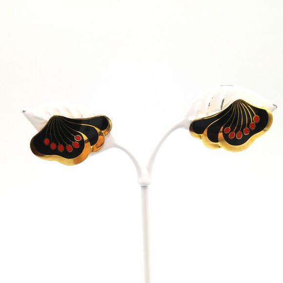Laurel Burch "Le Fleur" Clip Earrings, Black Red Enamel, Gold Plated, 1980s - Picture 3 of 10